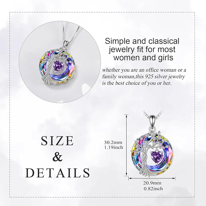 POPLYKE Mothers Day Gifts for Mom Her Wife Tree of Life Necklace 925 Sterling Silver Birthstone Pendant with Crystal Anniversary Birthday Wedding Jewelry for Women