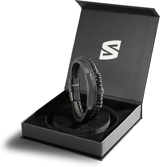 SERASAR Premium Leather Bracelet Men | Stainless Steel Magnetic Clasp | Three Colors | Jewelry Box Included