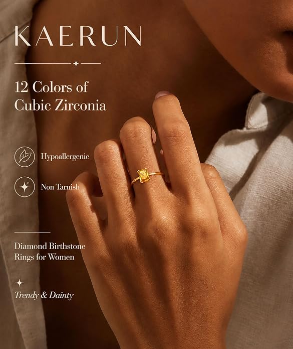 KAERUN Gold Birthstone Rings for Women Non Tarnish 14K Gold Plated Stackable CZ Thumb Eternity Rings Dainty Emerald Green Gemstone Engagement Ring for Mother Lover Birthday Jewelry Gifts Size 6-10