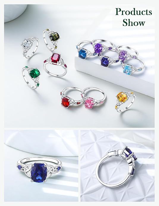 925 Sterling Silver Birthstone Rings for Women Cushion Cut Engagement Celtic Knot Ring Irish Jewelry Created Gemstone Anniversary Rings Size 6-10(with Box)