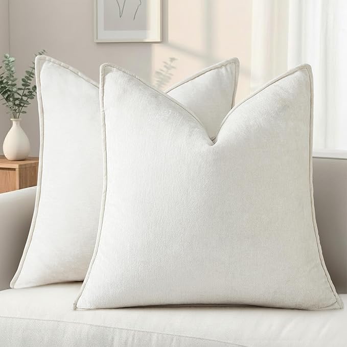 decorUhome Chenille Cream White Velvet Throw Pillow Covers 22x22 Set of 2 | Fall Soft Euro Sham Couch Decorative Modern Farmhouse Pillow Cases with Elegant Design for Sofa Bed Living Room Home Decor