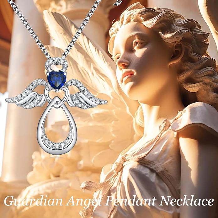925 Sterling Silver Guardian Angel Pendant Necklace for Women with Birthstone Cubic Zirconia Little Angel Pendant Necklace Jewelry 18 inch Chain