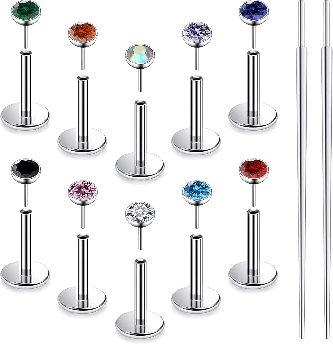 Ruifan Titanium Flat Back Lip Rings Threadless Push in Earrings Studs Nose Rings 20G 18G 16G Jeweled Mix Colors CZ Tragus Cartilage Lobe Rook Helix Conch Labret Medusa Piercing Jewelry for Women Men