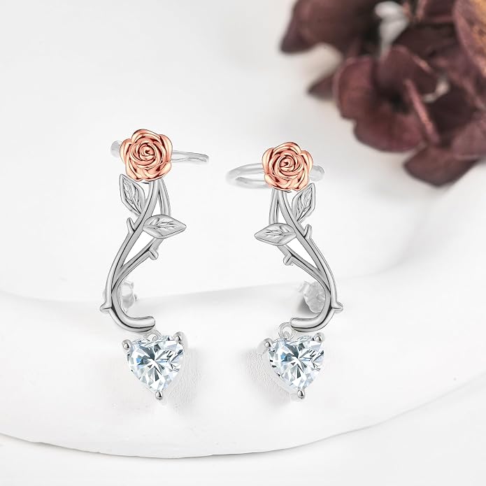 Ear Climbers Earrings for Women Sterling Silver Rose Flower Ear Crawler Earrings Rose Wedding Jewelry for Bride Bridesmaid Mother