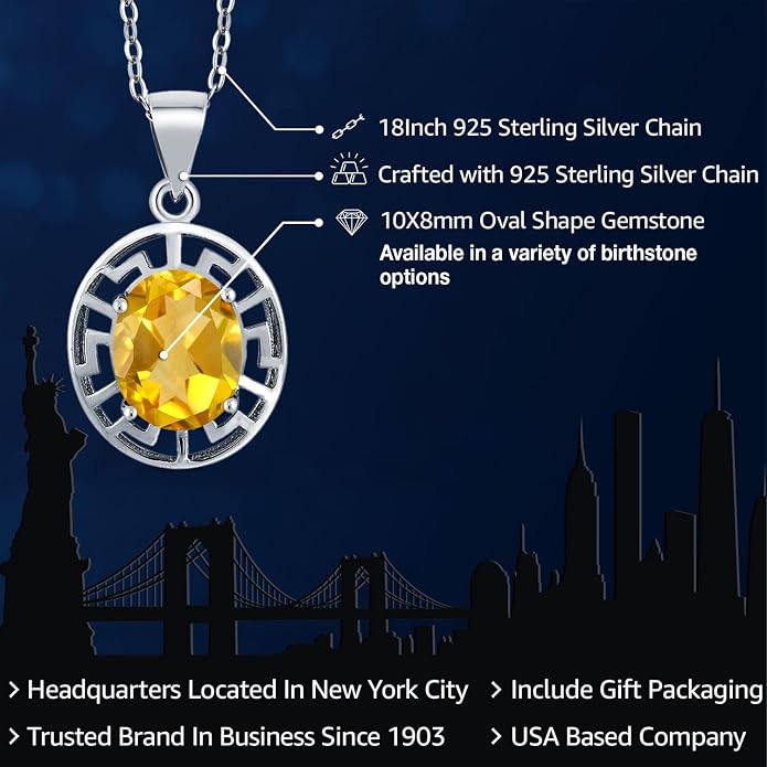 Gem Stone King 925 Sterling Silver 10X8MM Oval Gemstone Birthstone Necklace | Greek Key Pendant Necklace for Women | With 18 Inch Silver Chain
