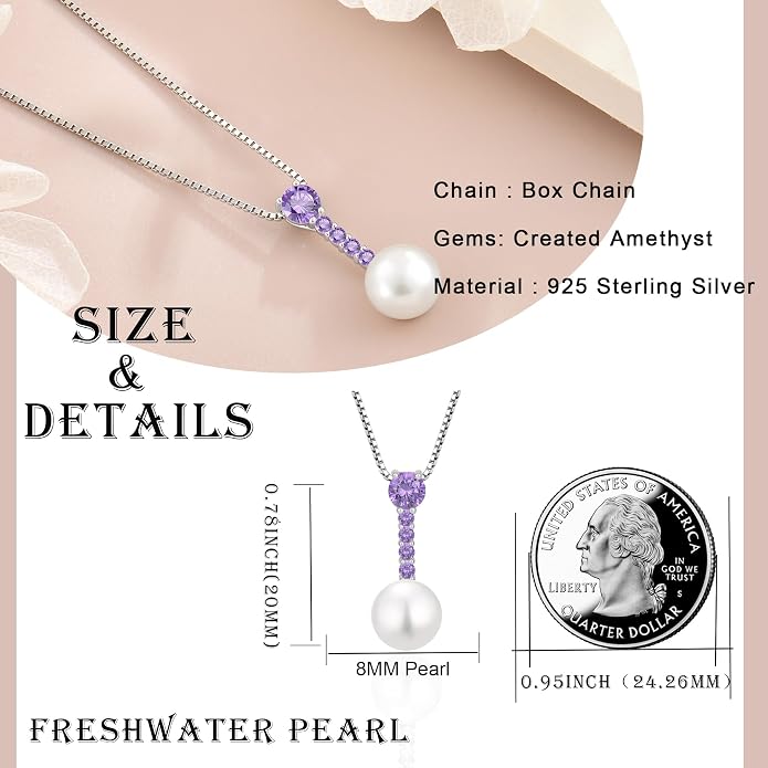 Pearl Necklace for Women, 925 Sterling Silver Dainty Round Freshwater Pearl with 5A Zircon Pendant Ideal Birthstone Jewelry Gifts for Her