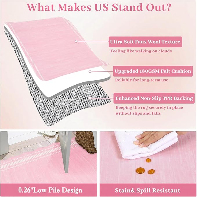 Garvee Washable Rug 8x10 Area Rugs for Living Room Bedroom, Non Slip Low Pile Solid Neutral Soft Carpet, Modern Scalloped Pattern, Faux Wool Floor Mats for Dining Room Home Office, Pink | Rugs for Living Room, Non-Slip Soft Carpet for Bedroom, Scallope...