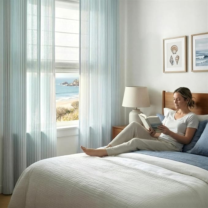 jinchan Linen Curtains 84 inch Aqua Blue Stripe on White Grommet 2 Panels | Curtains for Living Room Bedroom,Ticking Vertical Stripe ,Modern Beachy Coastal Drapes,Window Treatment,Light Filtering