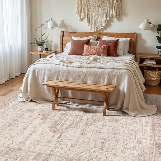 Rugxara 5x7 Soft Pink Washable Area Rug for Living Room & Bedroom, for Girls Women, Non Slip, Durable Low Pile Carpet, Vintage Carpets for Office, Dining Room, Kids Room and Farmhouse