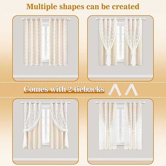 Yinhua Blackout Curtains for Bedroom Double Layer Beige Curtains for Living Room 54 Inch Length 2 Panels Set Kid Curtain with Floral Sheer Overlay, Grommet Drapes with Tiebacks, 52" W x 54" L