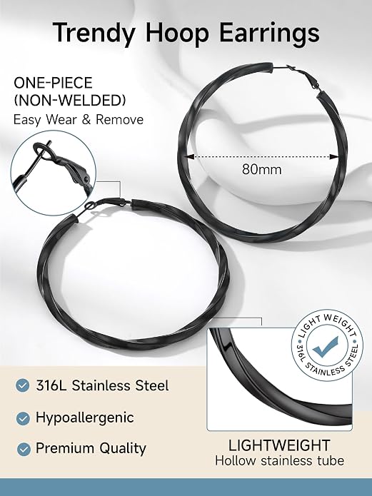 Stainless Steel Chunky Hoop Earrings For Women, Minimalist and Chic, Black/Gold Plated, Round Hoops Earrings Hypoallergenic, Size: 30mm/40mm/60mm/80mm, Come with Box