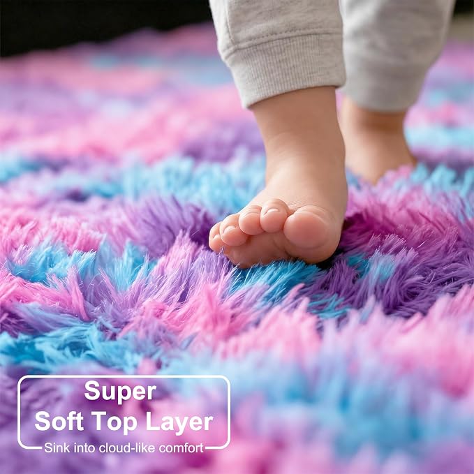 Amdrebio Pink Blue Purple Small Circle Area Rug 3Ft for Girls Bedroom, Fluffy Cute Fuzzy Colorful Pastel Kids Rugs for Nursery Playroom Classroom, Unicorn Shag Princess Round Carpet for Baby Toddler