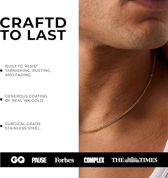 CRAFTD - Gold Curb Link Chain - Durable 18K Gold & 316L Stainless Steel - Waterproof, Heat & Sweat Resistant - Gifts for Men - Men's Jewelry