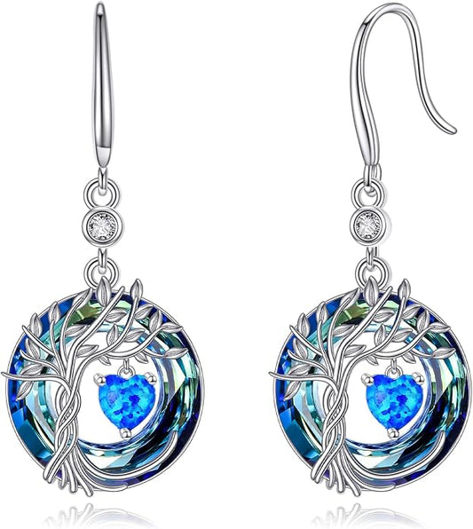 POPLYKE Tree of Life Birthstone Earrings 925 Sterling Silver Dainty Gemstone Birthstone Dangle Drop Earring with Crystal Fine Jewelry Birthday Gifts for Women Her