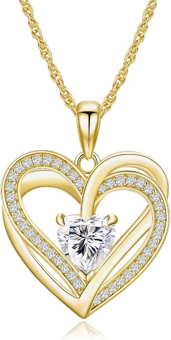Anniversary Charm Necklace, Sterling Silver 14K Gold Plated Chain with Interlocking Heart Pendant Elegant Birthstone Necklaces for Women, Length 18"