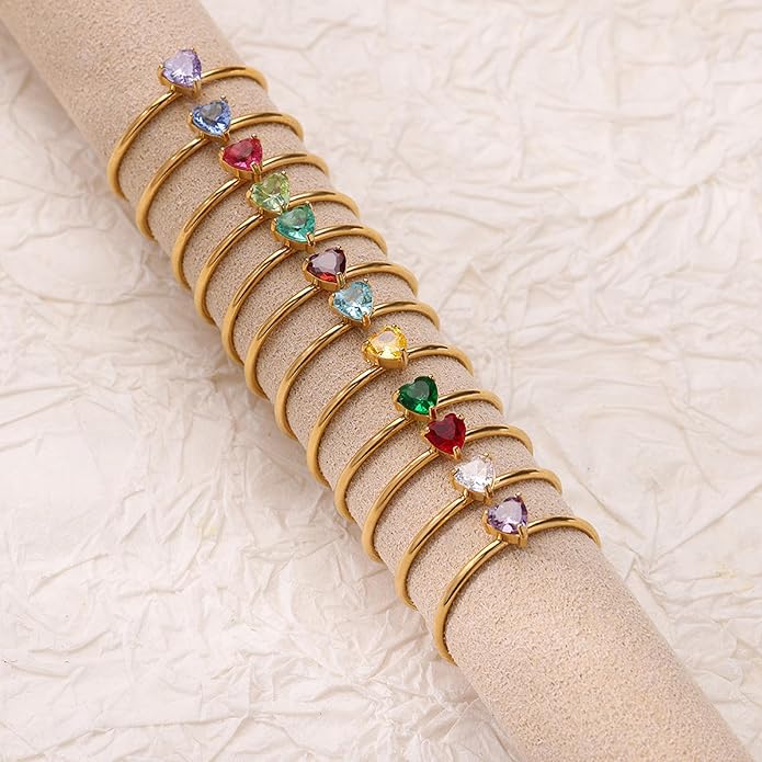 Lit Wall Birthstone Rings for Women Dainty 14k Gold Plated Non Tarnish Gold Heart Rings Adjustable Size Stackable CZ Ring Gold Simulated Gemstone Rings Birthday Gifts for Women