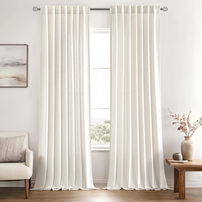 MIULEE Non-See-Through Privacy Linen Curtains 52W x 84L Inch Natural White | 2 Panels, Light Filtering, Semi Sheer Window Curtains, Farmhouse Textured, Back Tab Drapes for Bedroom Living Room