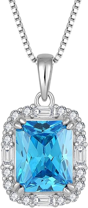 Princess Cut Necklaces for Women, 925 Sterling Silver Emerald Cut Birthstone Pendant Necklace Halo Square Rectangle Jewelry Gifts for Her