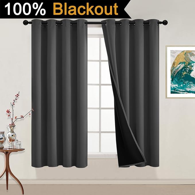 Yakamok Charcoal Grey 100% Blackout Curtains 54 Inches Long 52" Wide 2 PCS | Blackout Curtain Panels for Bedroom, 2 Thick Layers Grommet Top Thermal Insulated Drapes with Black Liner for Living Room