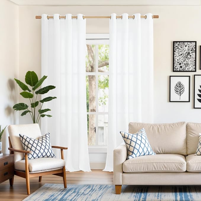 YoungsTex Extra Long White Linen Curtains 95 inches Length for Living Room, Textured Semi Sheer Window Treatments with Bronze Grommet Light Filtering for Bedroom Dining, 52 X 95 Inch, 2 Panels