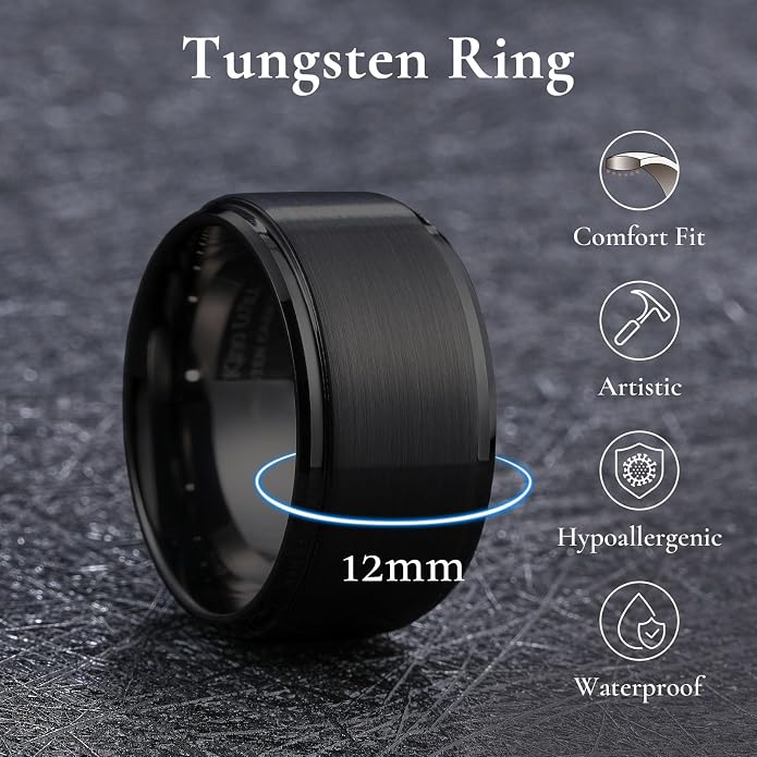 King Will Classic Tungsten Wedding Band for Men, 6/7/8/9/10mm Widths, Polished Finish Step Edge Matte Rings Comfort Fit