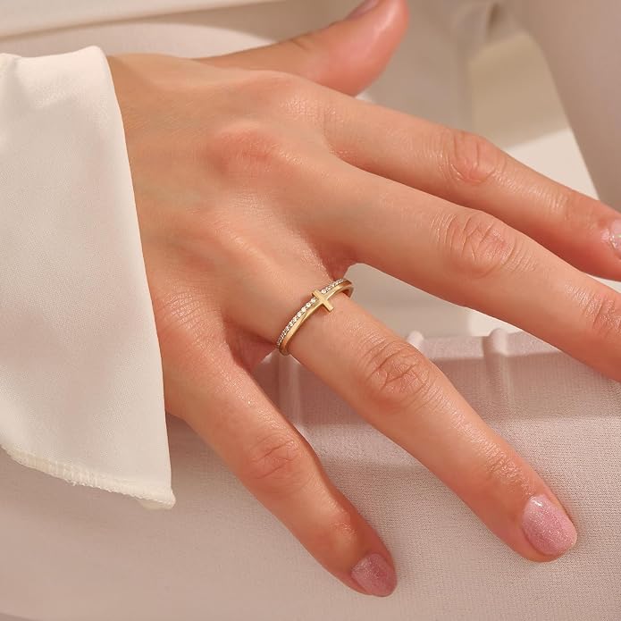 Gold Cross Statement Rings for Women 14K Gold Silver Tone Non Tarnish Cute Band High Polished Smooth Comfort Fit Size 5-10