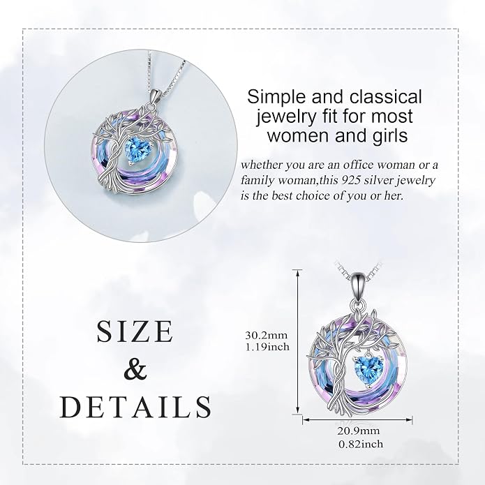 POPLYKE Mothers Day Gifts for Mom Her Wife Tree of Life Necklace 925 Sterling Silver Birthstone Pendant with Crystal Anniversary Birthday Wedding Jewelry for Women