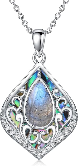HPQQ Filigree Gemstone Necklace 925 Sterling Silver Teardrop Bohemian Necklace Abalone Shell Jewelry Birthday Gifts for Women