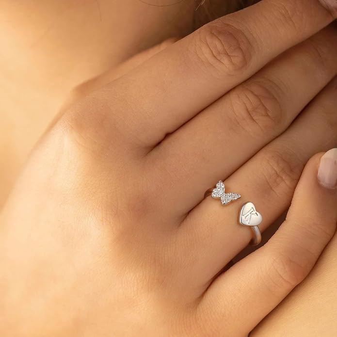 Initial Ring for Women Teens, Gold Plated Butterfly Heart Letter K Open Adjustable Ring, Dainty Alphabet Ring Jewelry Gift for Birthday