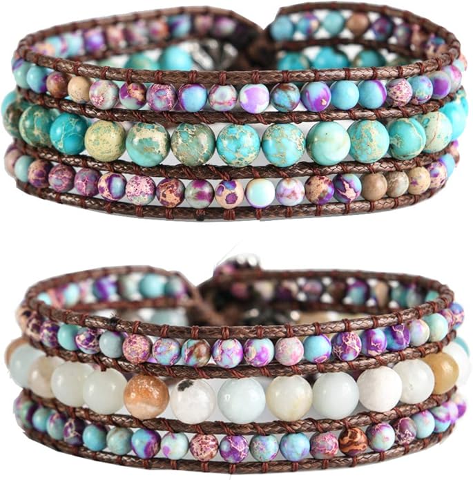YGLINE Boho Handmade Natural Stone Bead 3 Row Wide Wrap Wrist Statment Bracelet Jewelry Collection