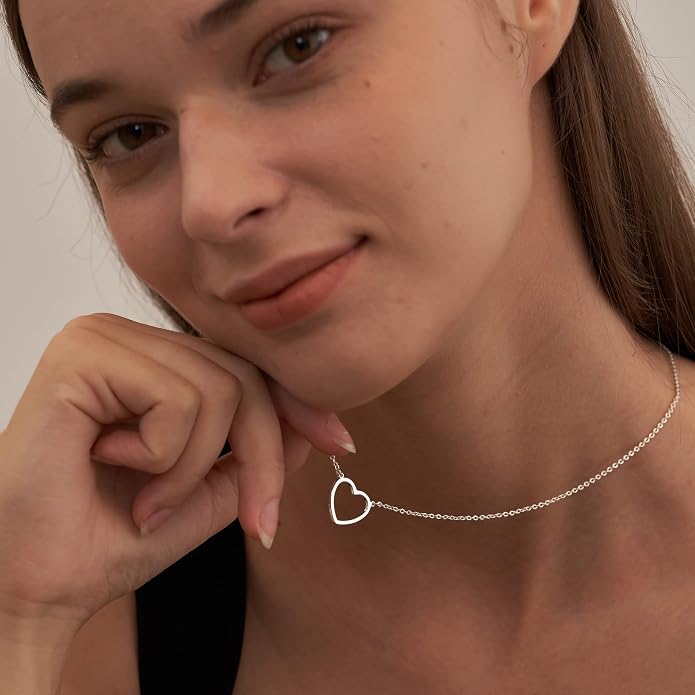 Tewiky Cute Heart Necklace Tiny 14k Gold Heart Pendant Choker Necklaces Small Gold Love Open Heart Chain Necklace for Women Dainty Gold Necklace Gifts for Her
