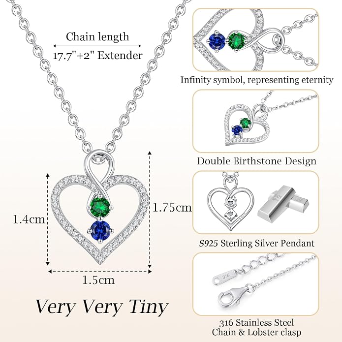 LOUISA SECRET Double Birthstone Necklaces for Women, 925 Sterling Silver Infinity Love Heart Pendant Necklace for Her, Birthday Anniversary Valentine's Day, Christmas, Wedding, Graduation Gift for Her, Personalized Gifts, Jewelry Gifts for Wife Mom Gir...