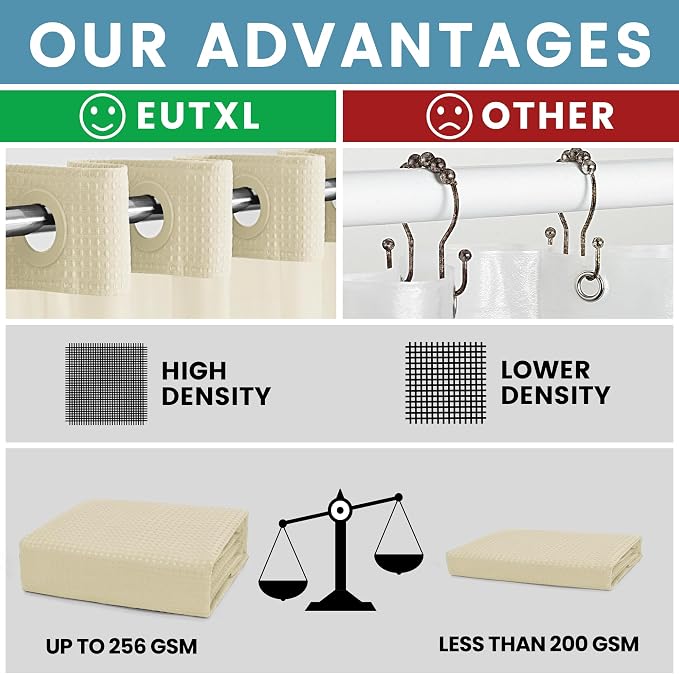 EUTXL Heavyweight Ivory Long Hotel Shower Curtain with Detachable Liner - 256GSM Waffle Textured,Hotel Grade,Spa Like Bath Curtain,71W x 86H
