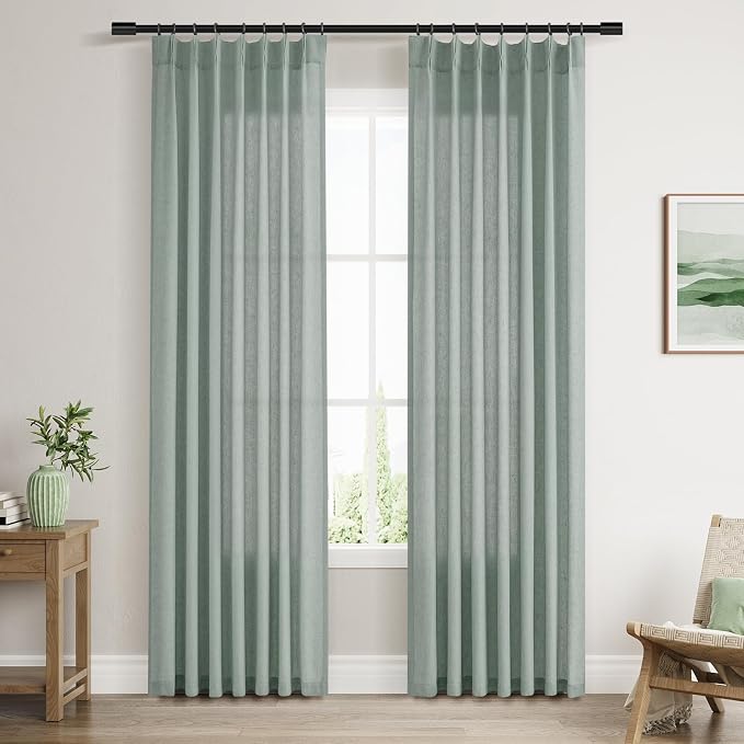 Aersas Desert Sage Pinch Pleated Linen Curtains 84 Inch Length 2 Panels for Living Room Bedroom Semi Sheer Window Curtain Boho Neutral Back Tab Pinch Pleat Drape with Hooks 40x84