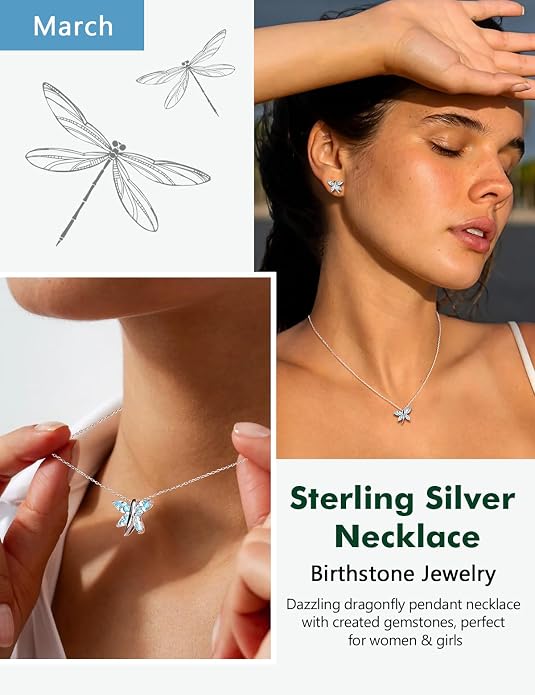 925 Sterling Silver Birthstone Necklaces for Women, Dainty Cute Dragonfly/Butterfly Pendant Necklace, Great Christmas/Anniversary Jewelry for Mother