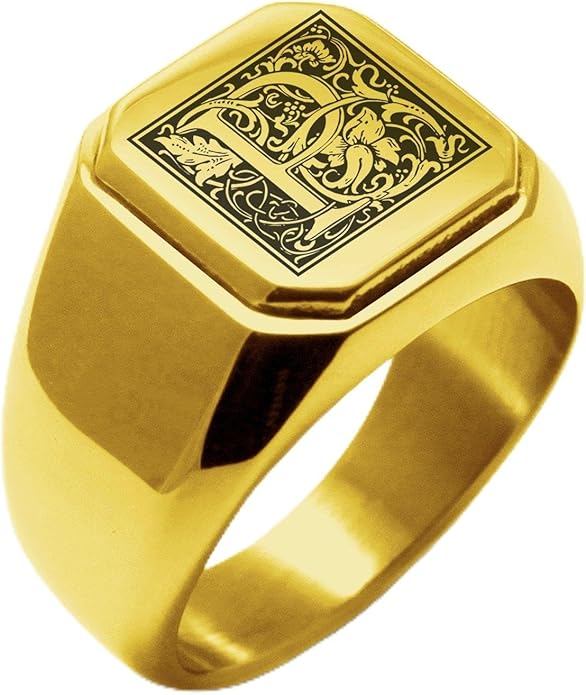 Jewelry | Stainless Steel Letter Alphabet Initial Ring | Square Flat Top Ring for Men & Women | Stainless Steel Jewelry, (Black, Gold, Silver), Size 7-16