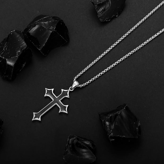 KXJ S925 Sterling Silver Black Cross/Best Dad/Baseball Bat/Silver Cross/Ankh Cross/Crucifix with 22+2 Inches Stainless Steel Rolo Chain Cross Necklace for Men Women Christian Religious Jewelry Gifts