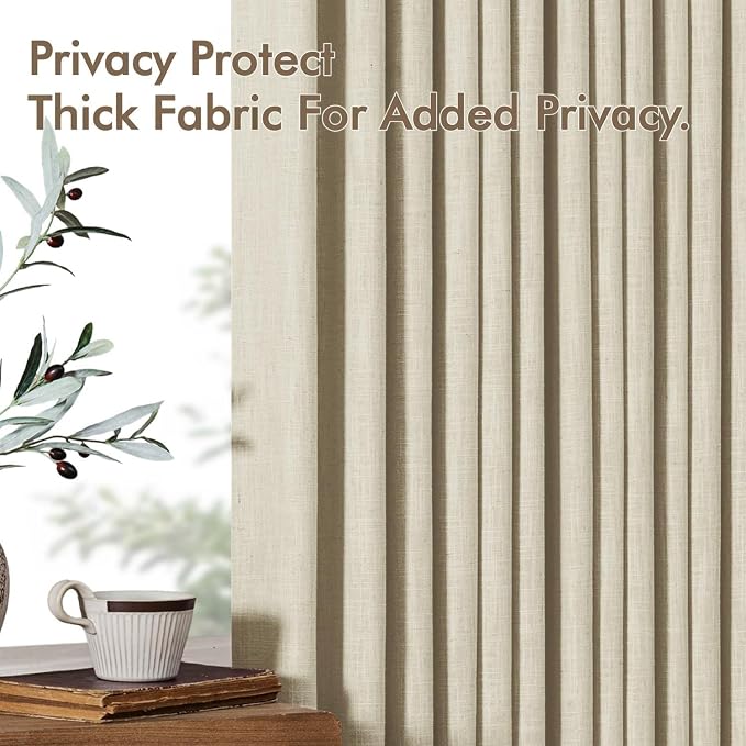 MIULEE Pinch Pleated Thick Linen Curtains 96 Inches Long 2 Panels for Living Room Bedroom, Memory Trained Pleat Drapes Light Filtering Linen Beige Semi Sheer Window Curtains Hooks Rings Back Tab