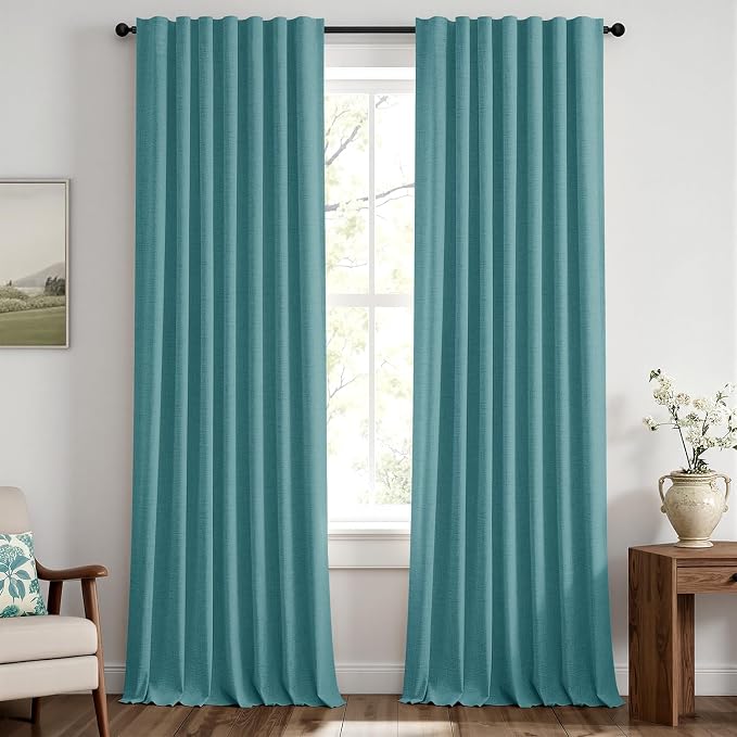 MIULEE 100% Blackout Linen Curtains for Bedroom 42 x 96 Inch Teal 2 Panels | Thermal Insulated, Room Darkening Drapes for Living Room, Back Tab Rod Pocket Pinch Pleated, Solid Luxury Decor