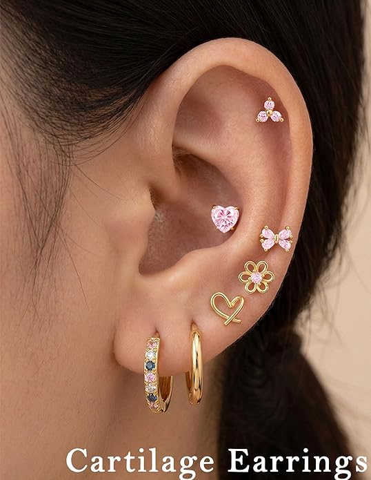 AKEOQI 10 Pairs Hypoallergenic Flat Back Earrings Gold Silver Plated Surgical Steel Small Stud Huggie Hoop Earring for Women Butterfly Flower Heart Bow Pink CZ Stack Cartilage Earrings Set 20G 10 MM