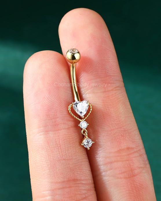 COCHARM 10k Yellow Gold Belly Button Rings Dangling 14G Heart Gold Belly Rings for Women Clear CZ Gold Belly Navel Piercing Jewelry