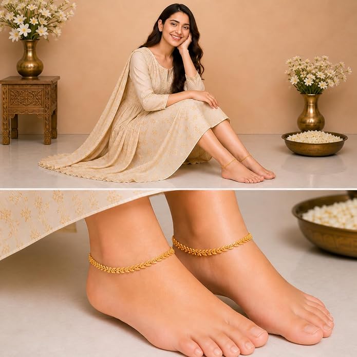 Jewar Anklet Payal Indian Traditional CZ Ad Plain Simple Handmade Natural Gold Plated Jewelry