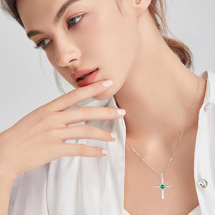 FANCIME Birthstone Cross Necklace for Women Sterling Silver Birthstone Necklace Halo Infinity Cross Pendant Necklace Fine Jewelry Valentines Day Gifts Birthday Holiday Gifts for Her, 16"+2" Inches