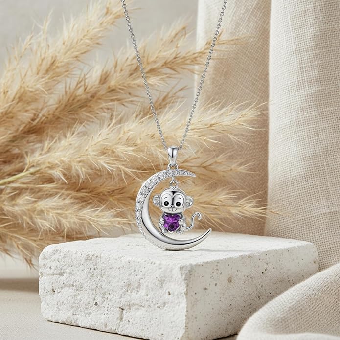 PROESS Animal Birthstone Necklace 925 Sterling Silver Otter/Axolotl/Hippo/Elephant/Dachshund/Monkey/Red Panda Pendant Necklace Animal Birthstone Jewelry Gifts for Women