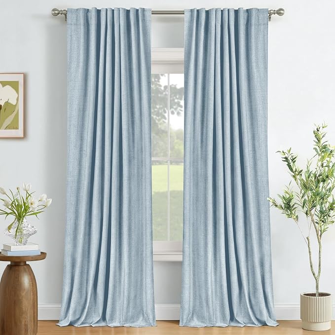 100% Blackout Shield Grayish Blue Linen Blackout Curtains for Bedroom 84 Inches Long, Back Tab/Rod Pocket Living Room Drapes, Thermal Insulated Blackout Curtains 2 Panels Set, 50" W x 84" L