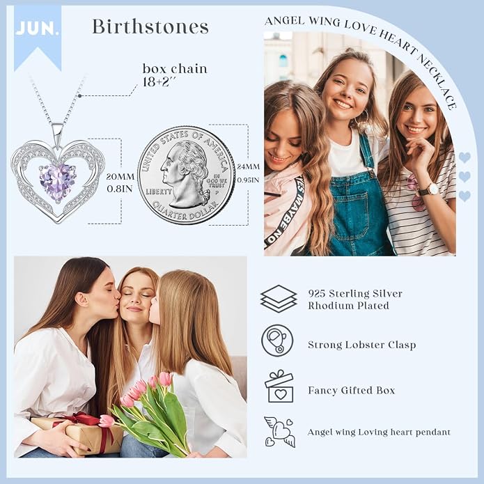 Heart Necklaces for Women Mother's day Gifts, Birthstone 925 Sterling Silver Angel Wings Love Pendant Necklaces for Women, Jewelry Gifts for Wife, Anniversary, Birthday
