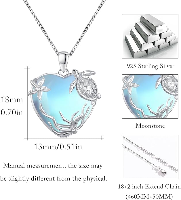 Sea Turtle/Seaweed Necklace for Women 925 Sterling Silver Heart of the Ocean Moonstone Pendant Necklace Turtle Moonstone Jewelry Gift for Wife Mom