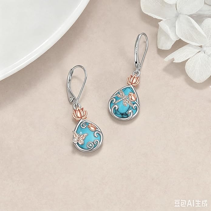 AOBOCO Teardrop Dangle Earrings for Women 925 Sterling Silver Moonstone Flower Filigree Leverback Jewelry Birthday