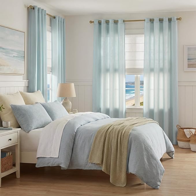 Vangao Linen Striped Curtains for Living Room Bedroom Farmhouse Tickingstripe Light Filtering Window Curtains Printed Drapes Grommet Top 2 Panels Aqua Blue on Off White W50 x L96 Inch