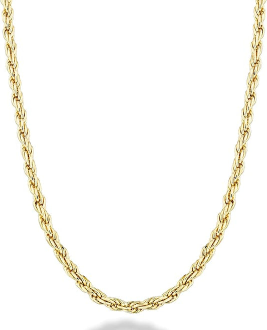 Miabella Italian 18K Gold Plated 925 Sterling Silver 2mm, 3mm Diamond-Cut Braided Rope Chain Necklace for Men Women, Made in Italy